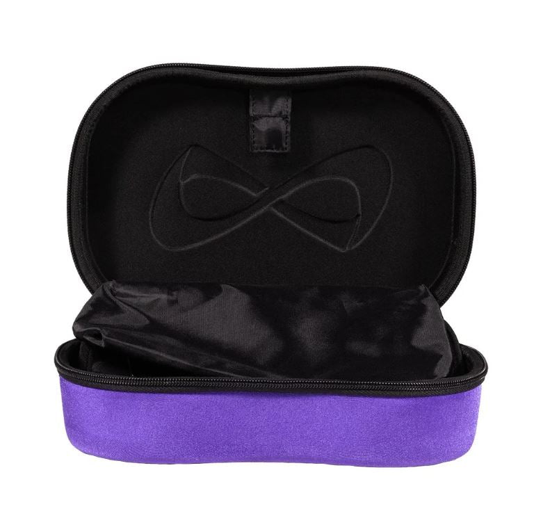 Nfiniy purple make-up case with a bow-shaped nfinity logo inside