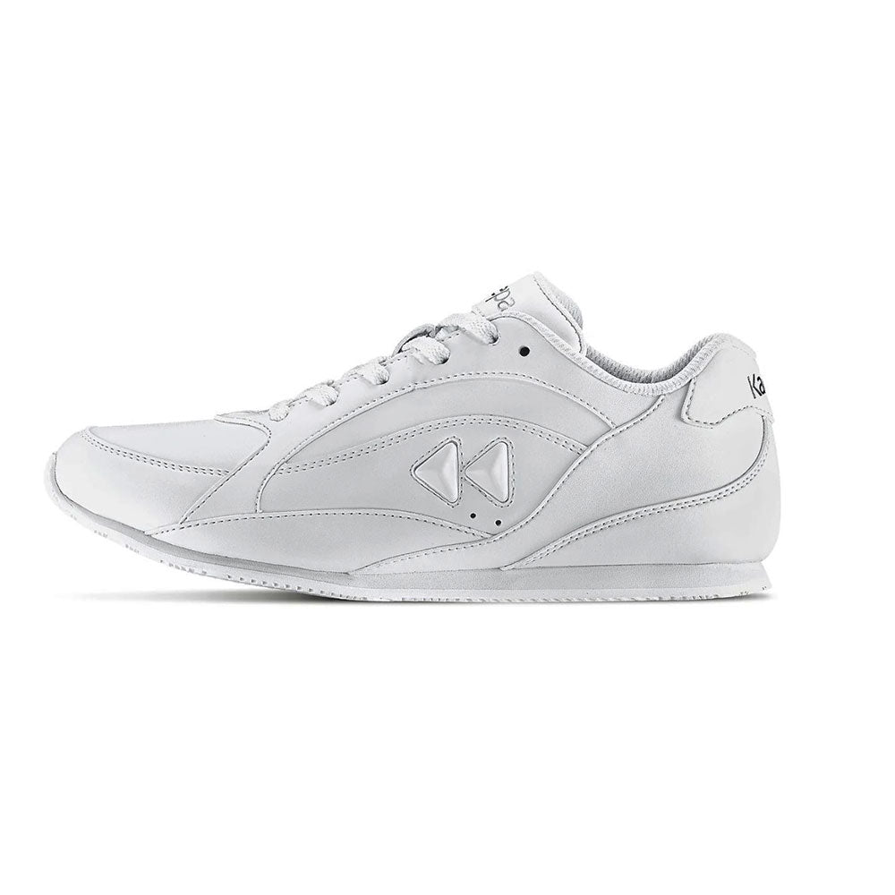 White athletic cheer shoe with a brand logo on a white background