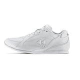 White athletic cheer shoe with a brand logo on a white background